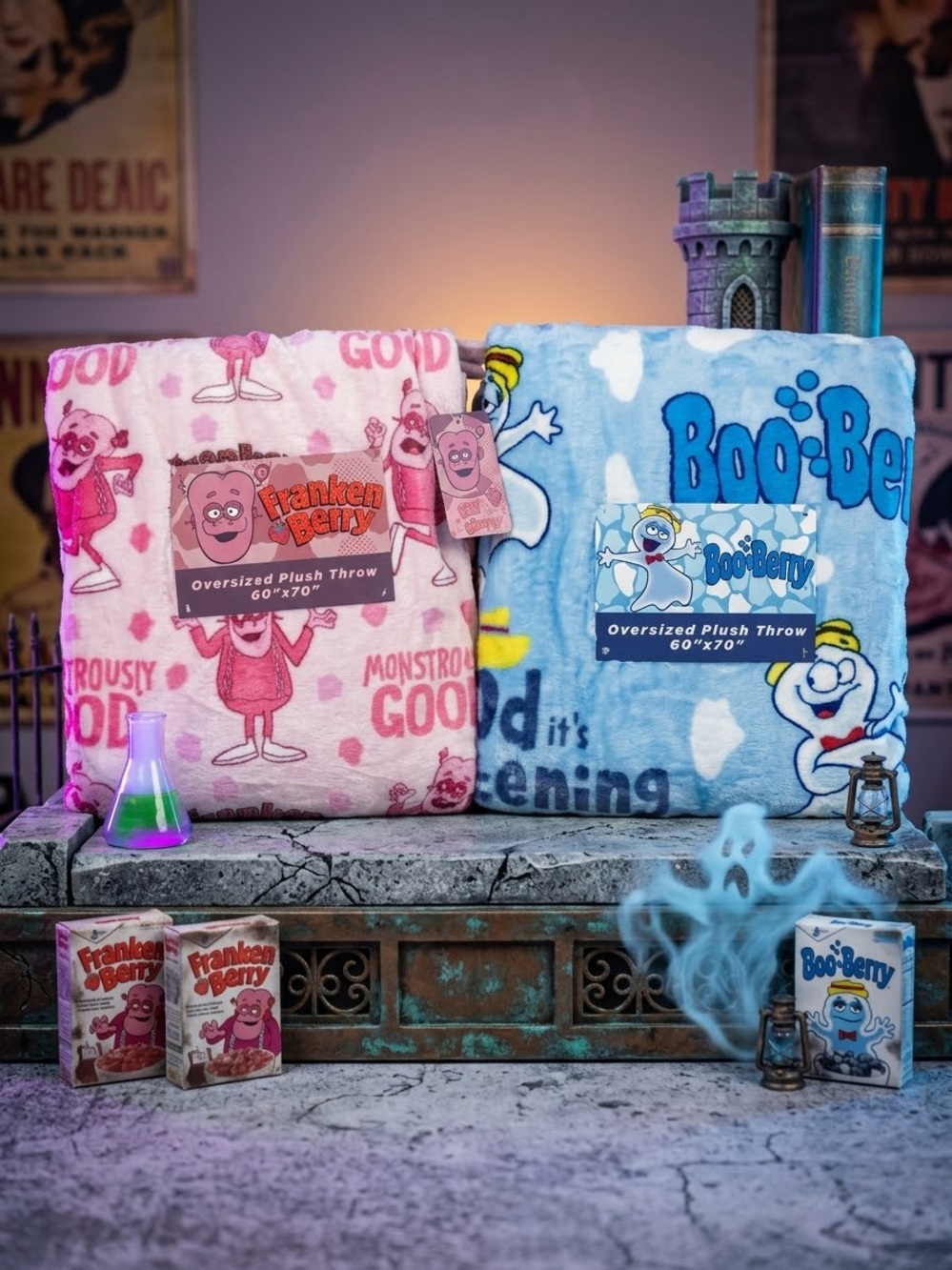 Franken Berry & Boo Berry Oversized Plush Throw Blanket - Pink & Blue